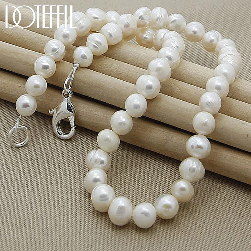 DOTEFFIL 8mm Natural Pearl White/Pink/Purple 925 Sterling Silver 16/18/20 Inch Chain Necklace Woman Jewelry