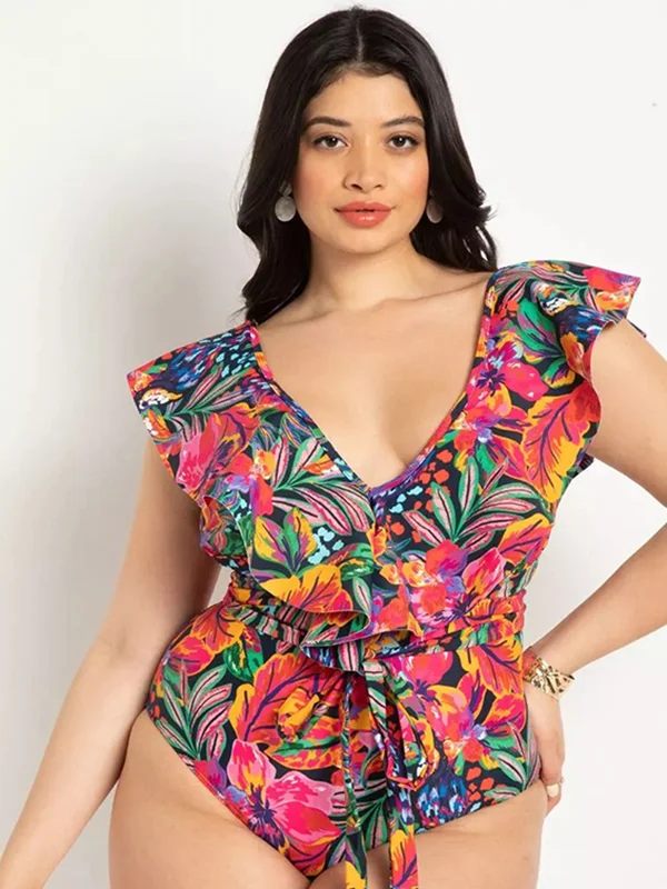 Plus Size Ruffled V-Neck Floral One Piece Swimsuit