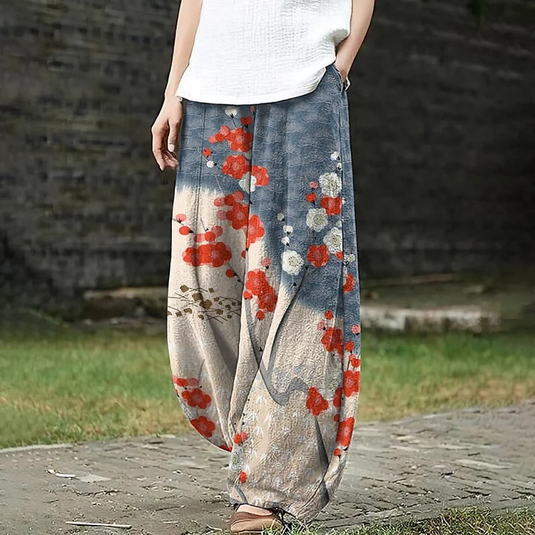 Comstylish Japanese Art Sakura Print Loose Casual Pants