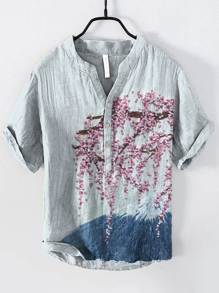 Cherry Blossom Embroidery Pattern Cozy Cotton Linen Shirt