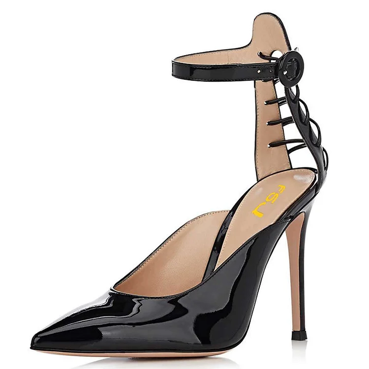 Black Patent Leather Lace Up Detail Ankle Strap Heels Pumps |FSJ Shoes