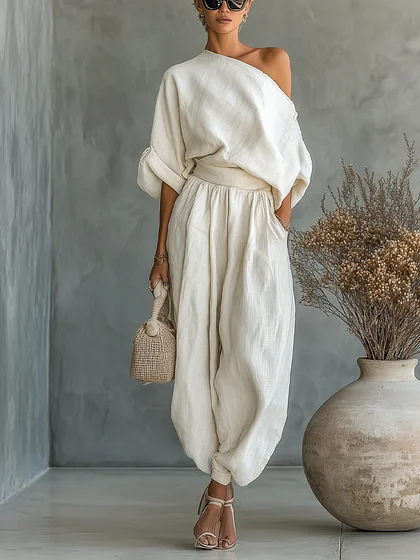 Off-white Linen Off-shoulder Loose Casual Top And Tapered Pants Set