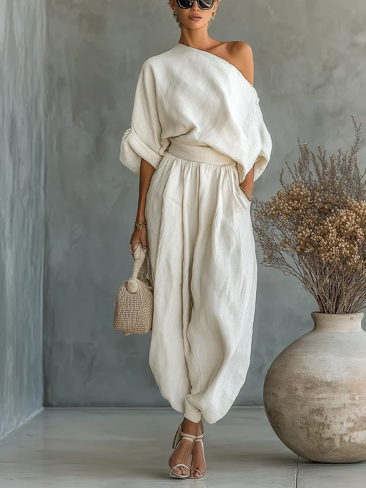 Off-white Linen Off-shoulder Loose Casual Top And Tapered Pants Set