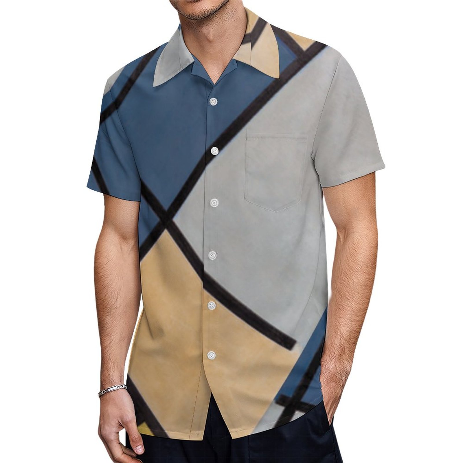 Mondrian Composition With Red Blue Black Yellow Hawaiian Shirt Mens Button Down Tropical Hawaii Beach Shirts
