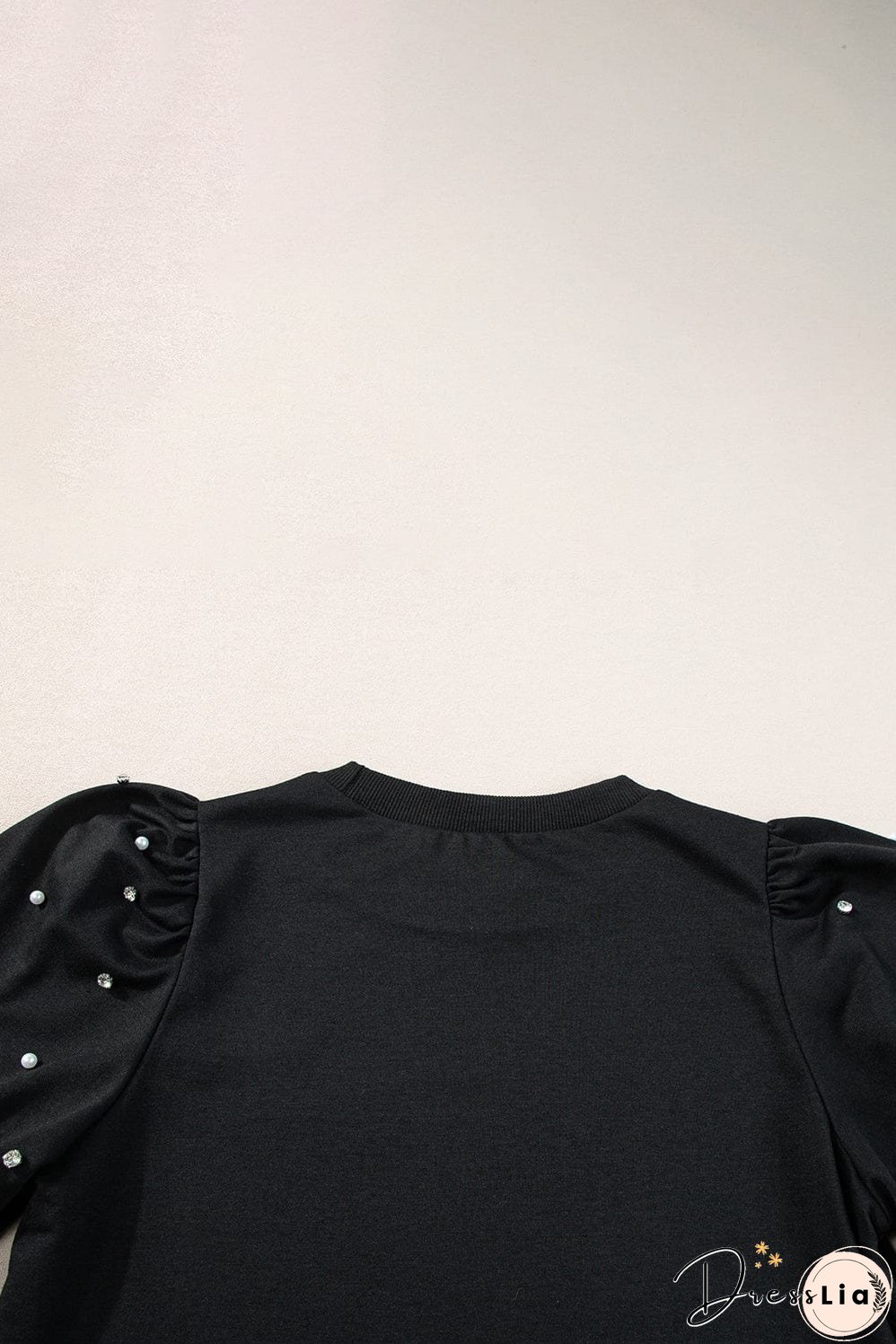 Elegant Black Rhinestone Pearl Embellished Puff Sleeve Blouse