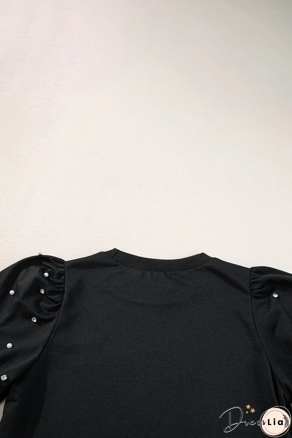 Elegant Black Rhinestone Pearl Embellished Puff Sleeve Blouse