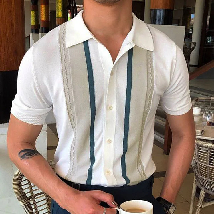 Men's Casual Knitwear Short-Sleeved Striped Shirts at Hiphopee