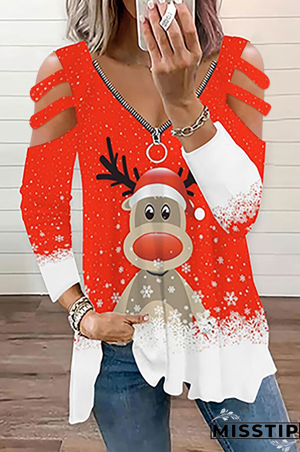 Blue Casual Print Hollowed Out Patchwork V Neck Tops