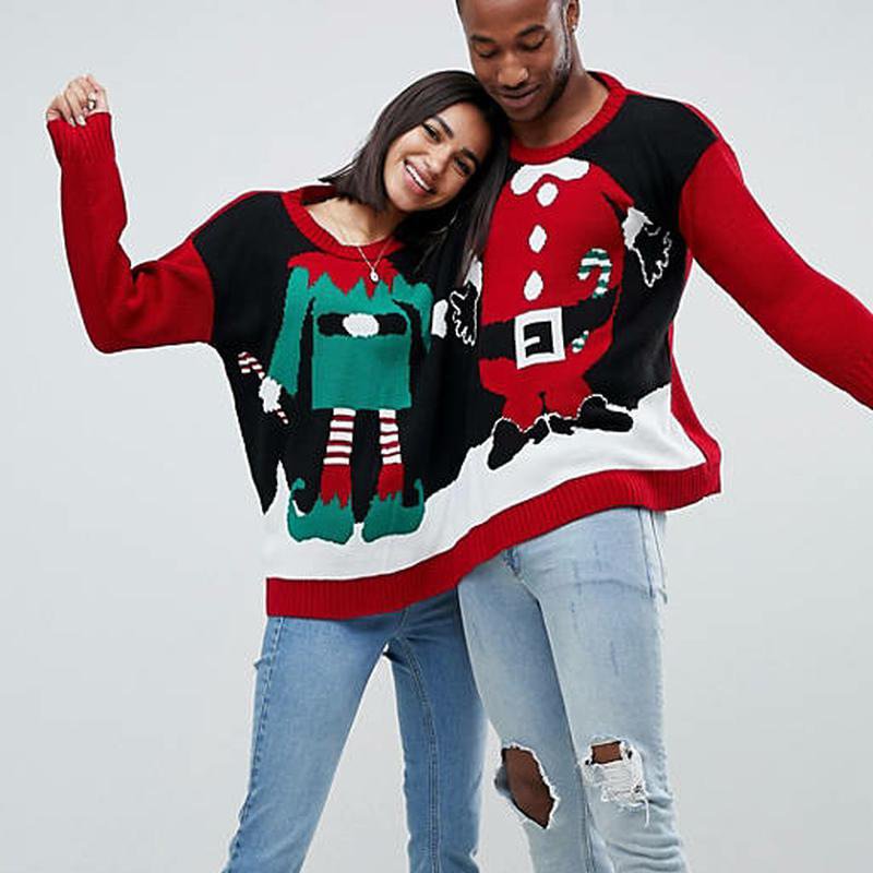 Santa Claus Pullover Long Sleeve 2 Person Couple Ugly Christmas Sweaters-VESSFUL