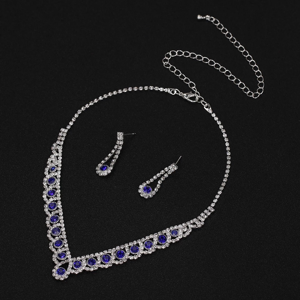 Wedding Blue Rhinestones Necklace Earrings Jewelry Set 2024 - Flycurvy 
