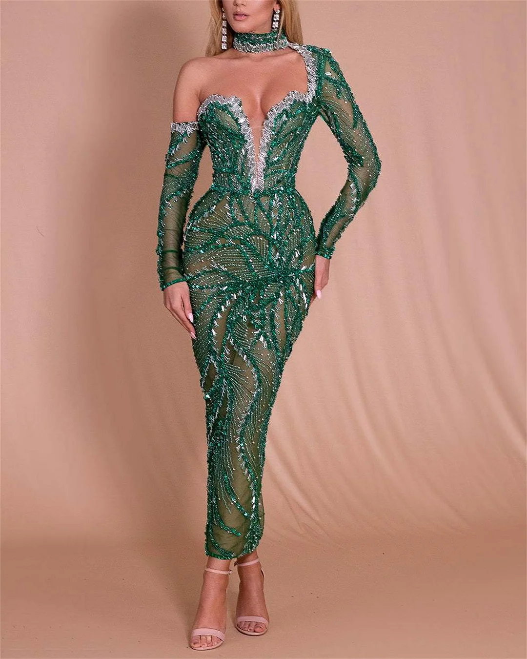 Women's Green Off Shoulder Sequin Dress