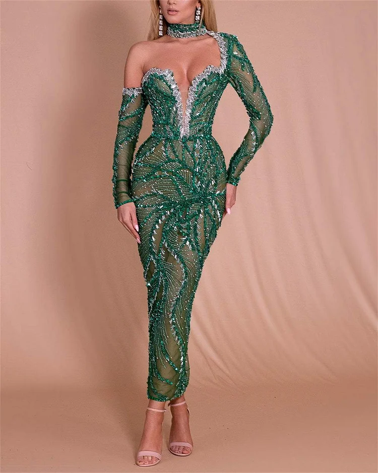 Women's Green Off Shoulder Sequin Dress