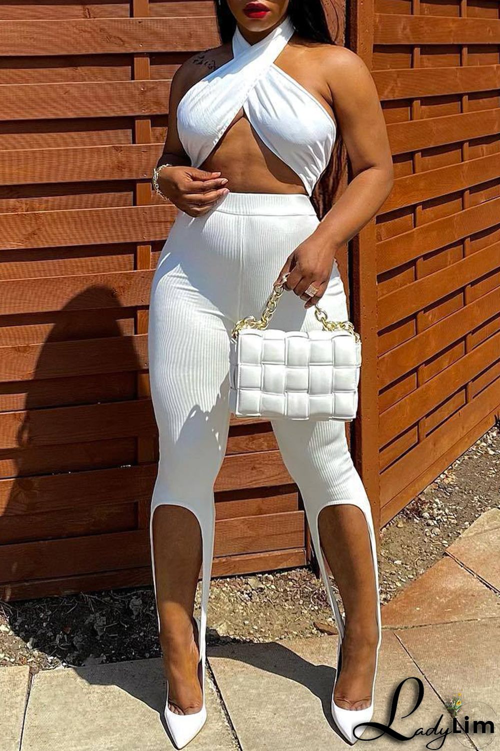 White Fashion Sexy Solid Bandage Backless Asymmetrical Halter Sleeveless Two Pieces