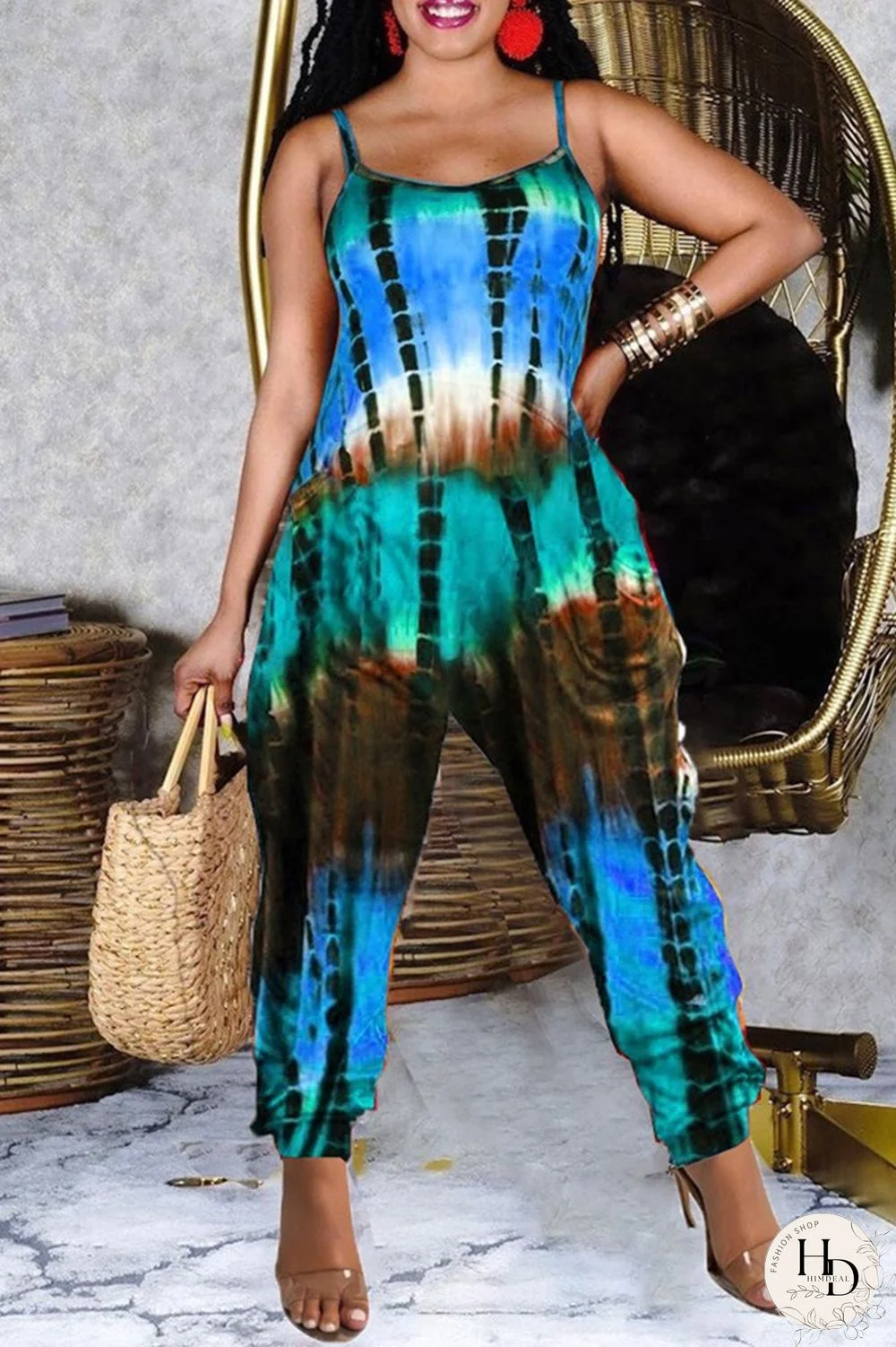 Green Fashion Casual Tie Dye Printing Spaghetti Strap Regular Jumpsuits