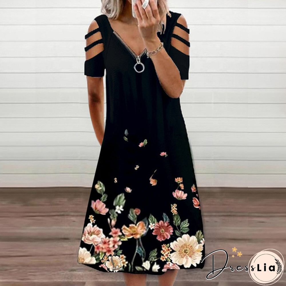 Xs-5Xl Summer New Casual Short-Sleeved Zipper V-Neck Dress Women's Loose Plus Size Dress Fashion Long Skirt