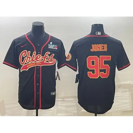 Men's Kansas City Chiefs #95 Chris Jones Black With Super Bowl LVII Patch Cool Base Stitched Baseball Jersey X4PJ