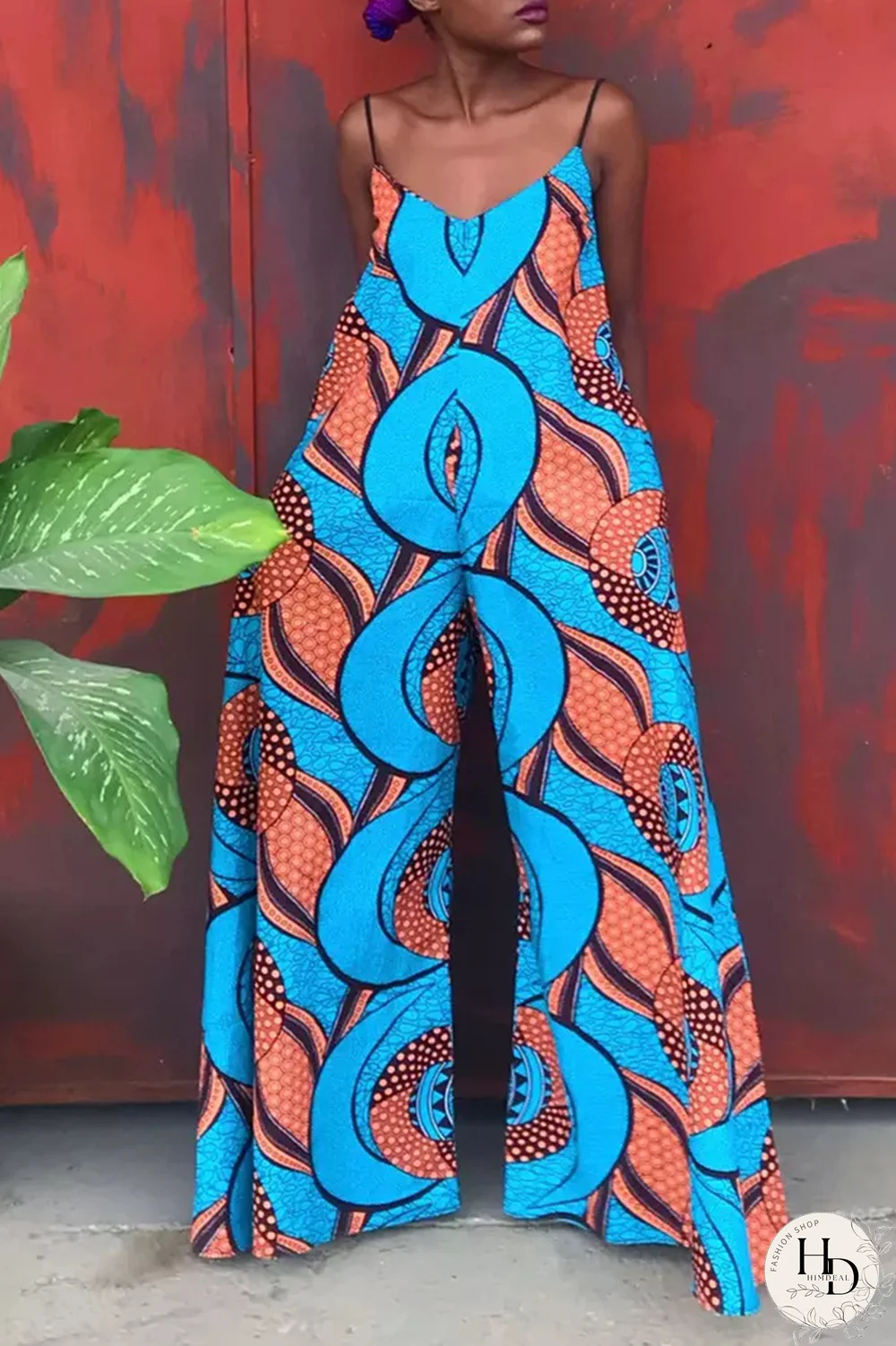 Yellow Casual Print Split Joint Spaghetti Strap Straight Jumpsuits