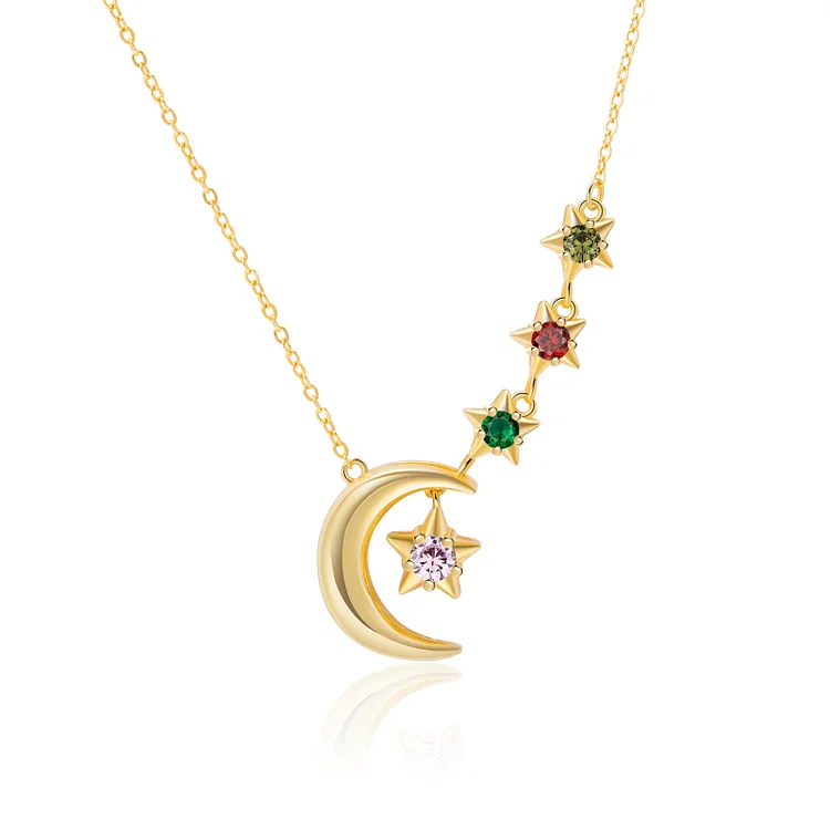 4 Birthstones - Personalized Birthstone Crescent Star Necklace, Gift for Her