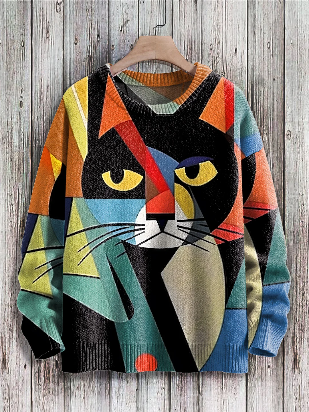 Funny Abstract Geometric Art Cat Print Knit Pullover Sweater