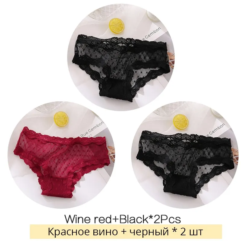 FINETOO Sexy Lace Thongs Women 3Pcs/set Transparent G-string Panties Dots Lace T-back Underwear Fashion Female Underpants M-XL