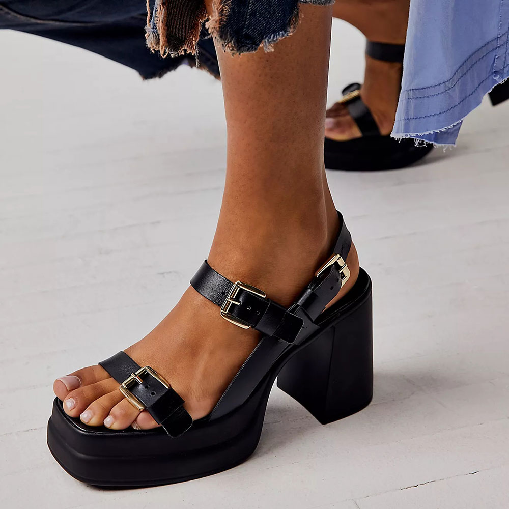 Square Toe Chunky Heel Buckle Strap Black Platform Sandals for Women Nicepairs