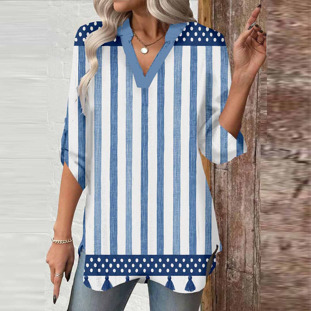 Women Striped, Blue DZGA0336 3/4 Sleeve V-neck Printed Graphic Button Tops