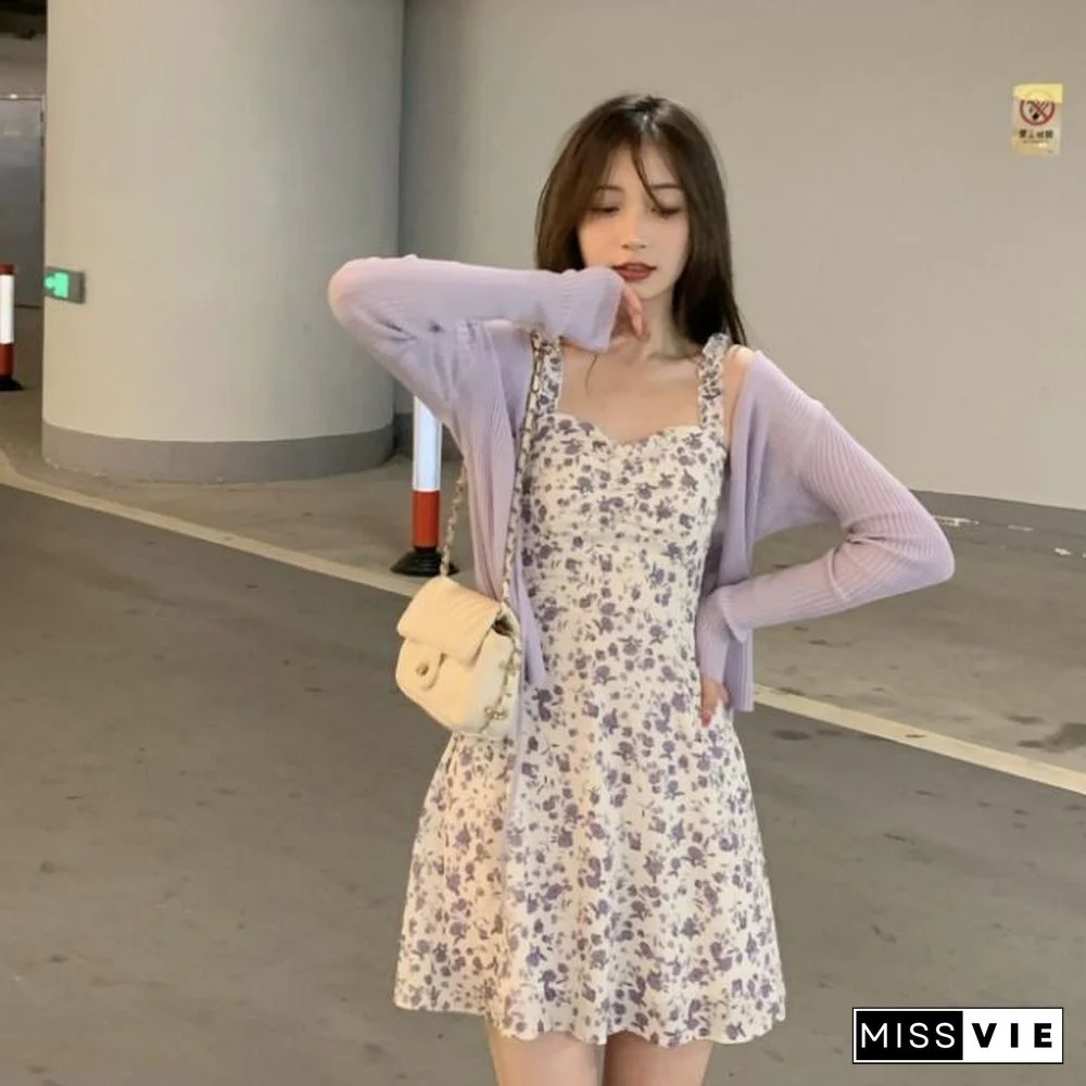 Dress Sets Women 2 Pieces Outfits All-Match Fashion Summer Cropped Lace-Up Sun-Proof Cardigan And Print Purple Lovely Vestidos