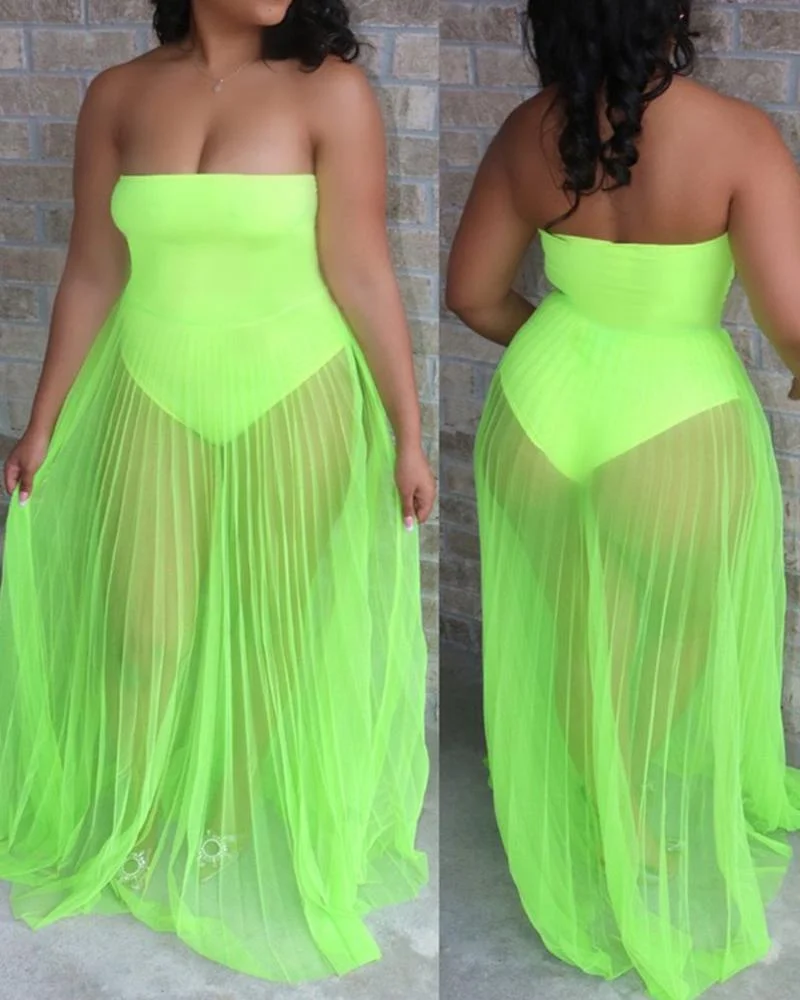 Off Shoulder Sleeveless Plain Sheer Mesh Dress