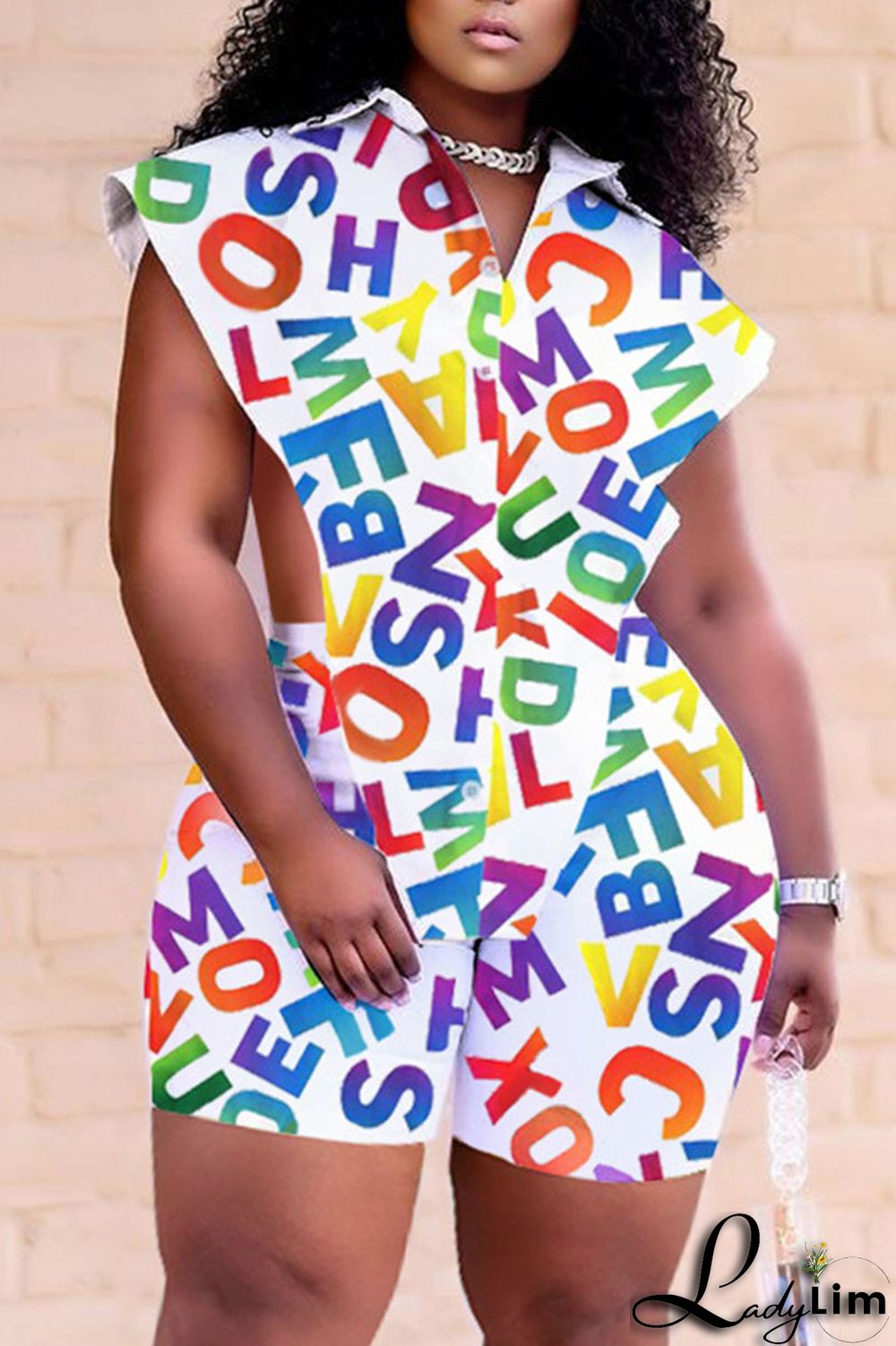 White Sexy Street Print Patchwork Buckle Asymmetrical Turndown Collar Plus Size Two Pieces