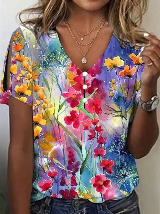 Women Short Sleeve V-neck Graphic Printed Tops