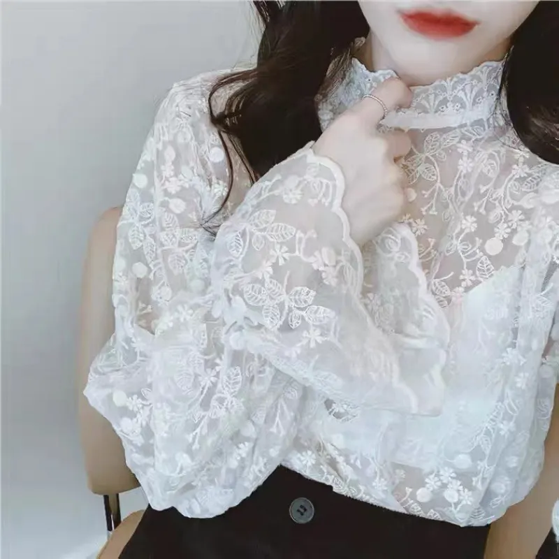Brownm Brownm Autumn Lace Tjersey Horn Sleeve Mesh With Lace Lace Collar Gas Hit Bottom Blouse Small Shirt Tide
