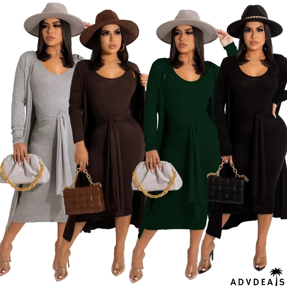 Winter Sexy Grey Round Neck Sleeveless With Belt Dress And Long Coat Two Piece Set