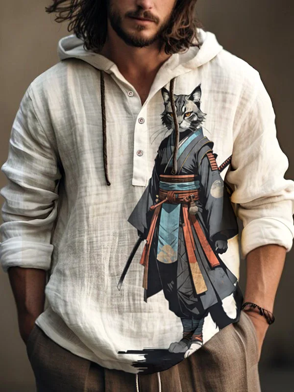 Men's Samurai Cat Art Print Hooded Shirt