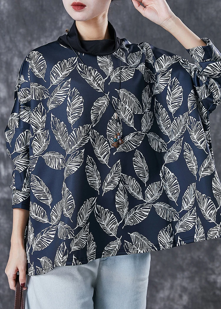 Black Leaf Print Spandex Sweatshirts Top Turtle Neck Spring