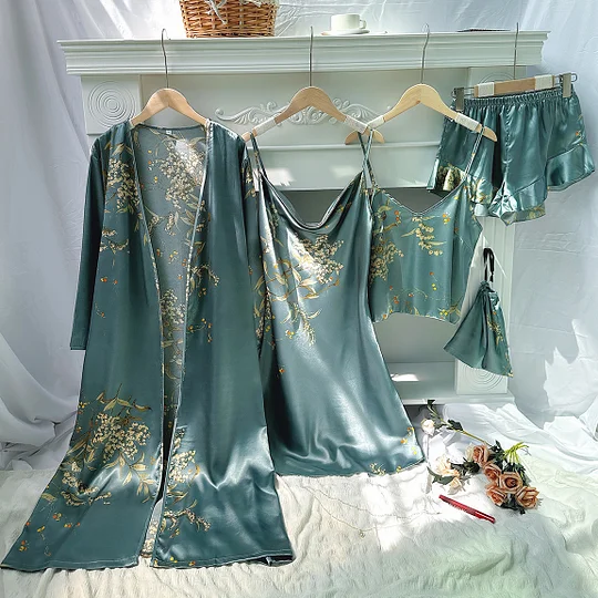 Areship Pink Print Flower 5PCS PAJAMAS SET Ice Slik Satin Home Clothing Robe&skirt&top&shorts Summer New Lingerie Lady Sexy Nightwear