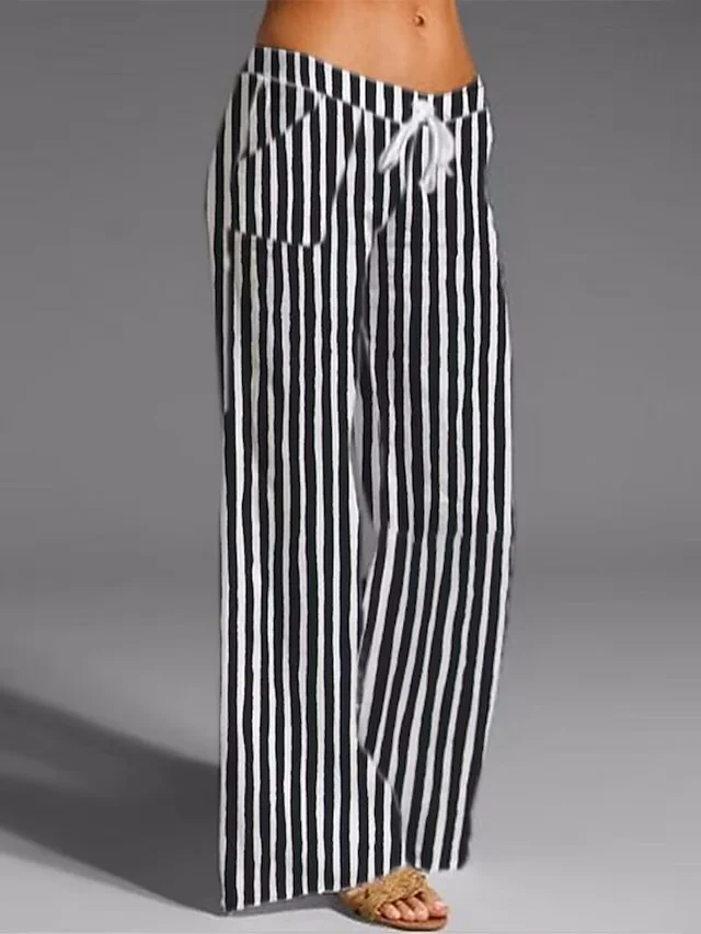 Cotton and Linen Elastic Waist Wide-leg Comfortable Striped Casual Pants