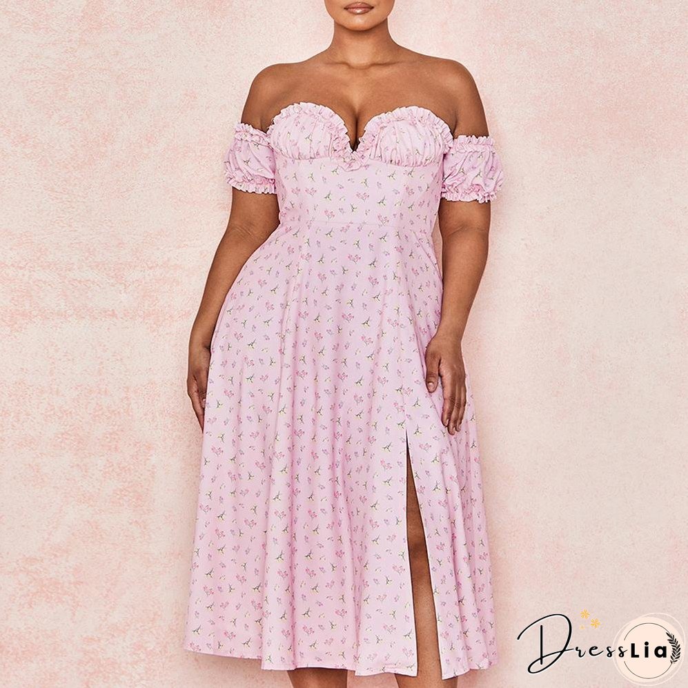 Card Shoulder Printed High Split Midi Dress