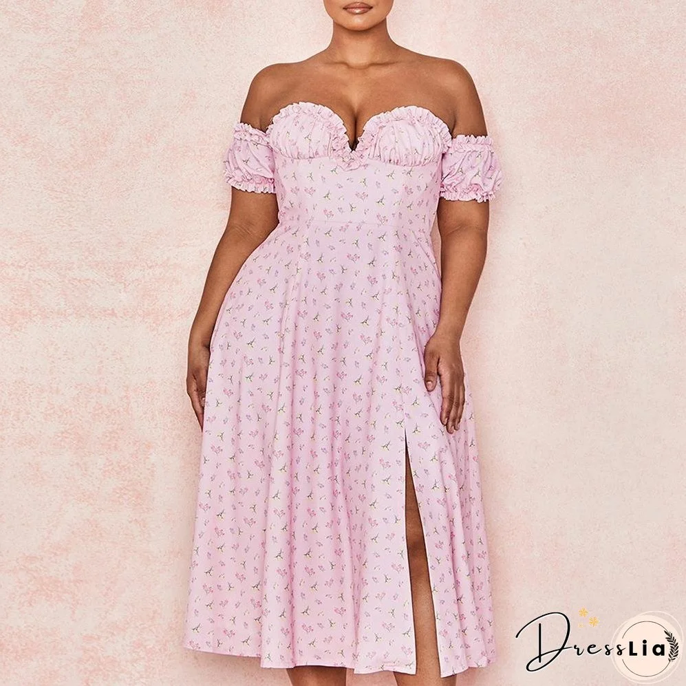 Card Shoulder Printed High Split Midi Dress