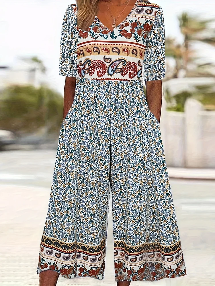 Bohemian Vintage Floral Print V-Neck Jumpsuit With Pockets - Polyester Blend Culottes For Women - Spring/Fall Knit Fabric Wide-Leg Romper
