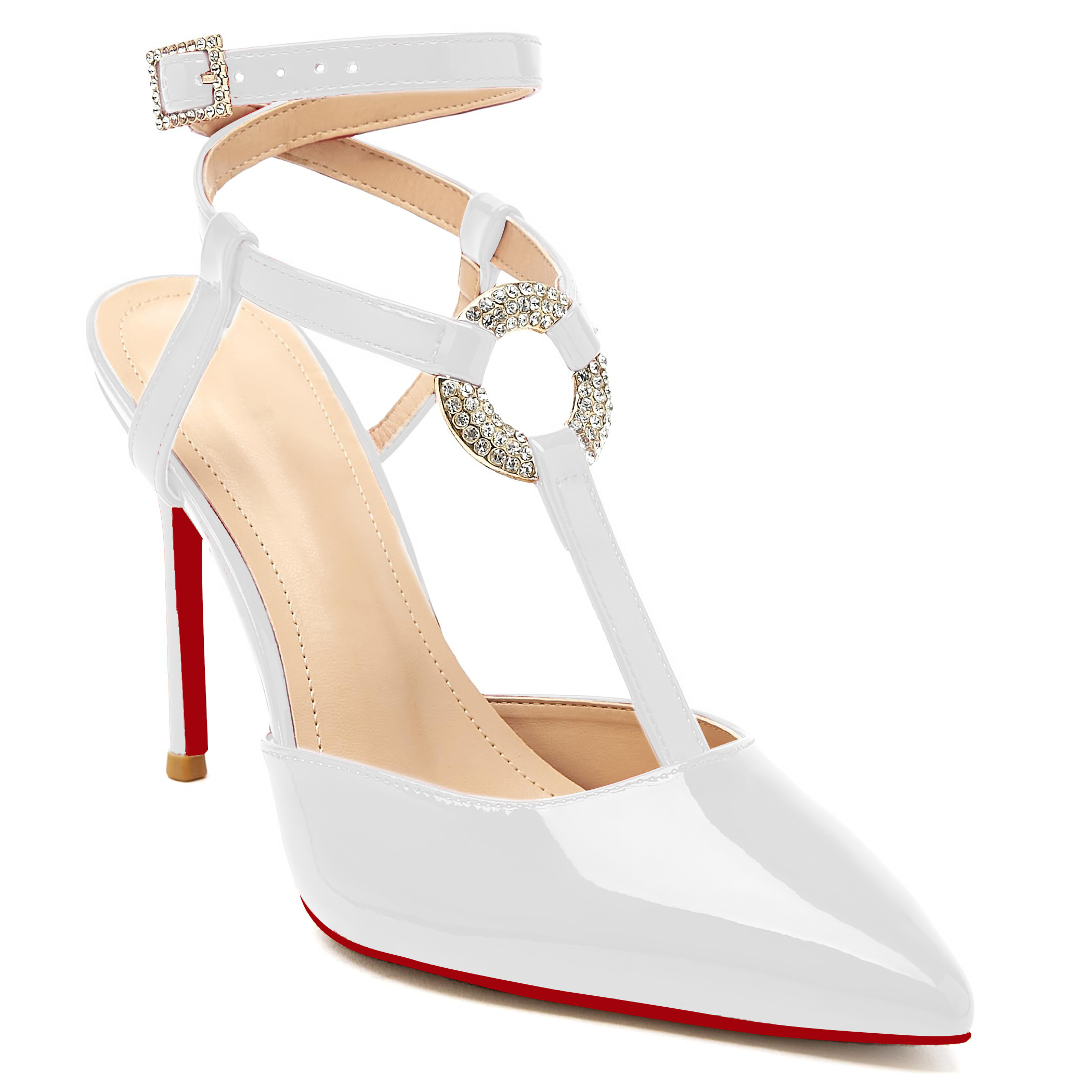 100mm Women Slingback Red Bottoms  Pumps Ankle Strap Jenlove Stiletto High Heel Diamond Close Pointed Toe Dress Patent Shoes-MERUMOTE