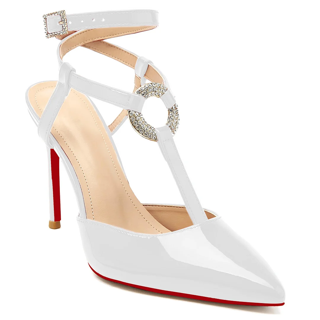 100mm Women Slingback Red Bottoms  Pumps Ankle Strap Jenlove Stiletto High Heel Diamond Close Pointed Toe Dress Patent Shoes-MERUMOTE