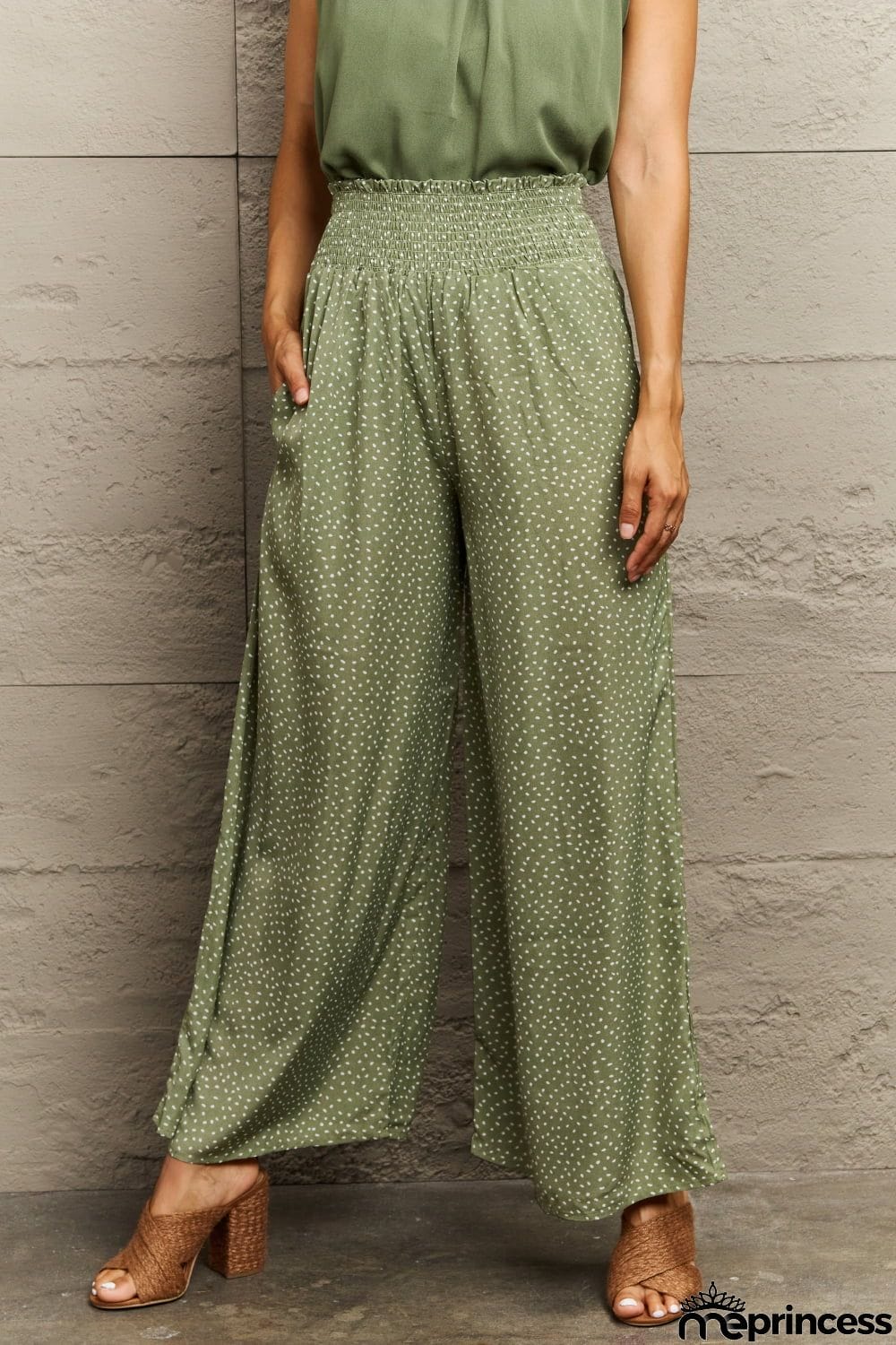 Smocked Waist Wide Leg Printed Long Pants