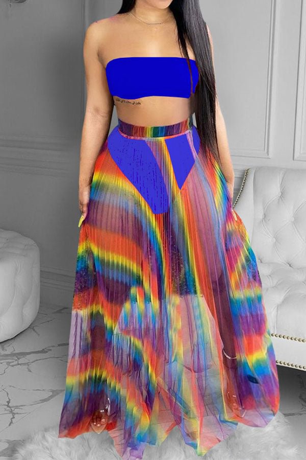 Rainbow Bandeau Beachy Bikini & Pleated Skirt Three Pieces