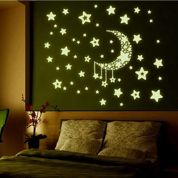 Moon Star Fluorescence Noctilucent Night Glow in Dark Luminous Vinyl Removable Nursery Kids Child Bedroom Wall Stickers Decal