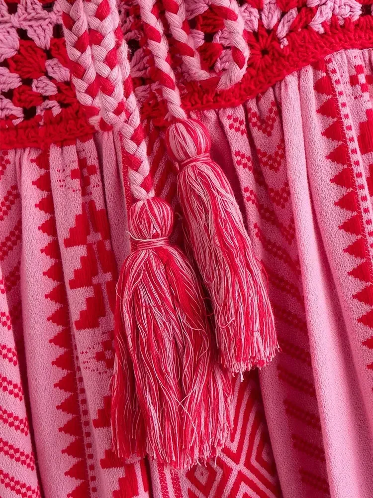 Women Bohemian Vacation Charm Splice Knitted Vintage Strap Maxi Dress