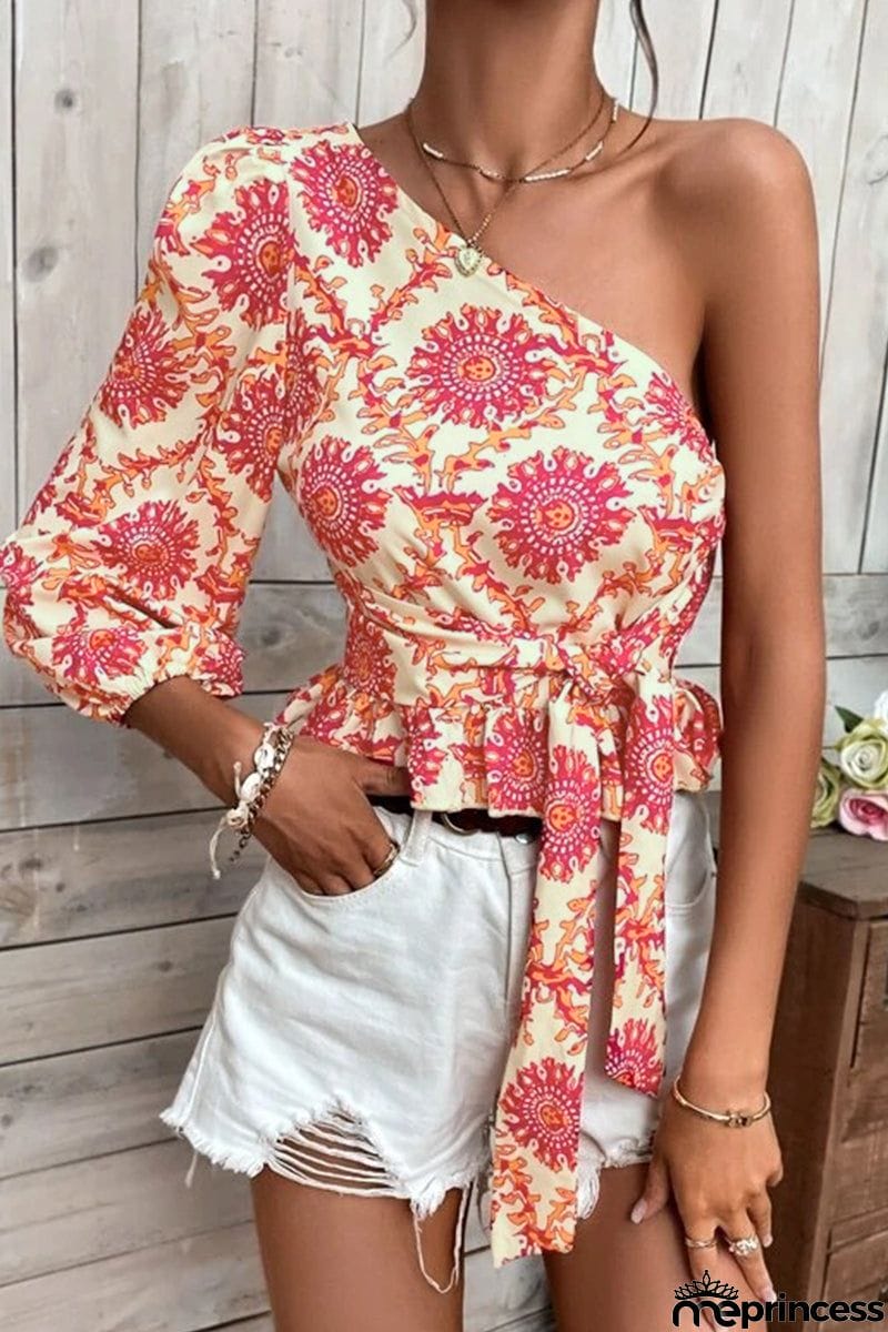 Elegant Vacation Not Positioning Printed Patchwork Oblique Collar Tops