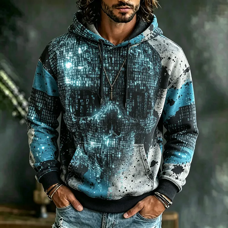 Retro Distressed Splatter Ink Tech Style Cyberpunk Matrix Binary Code Glowing Skull Color-blocked Hoodie