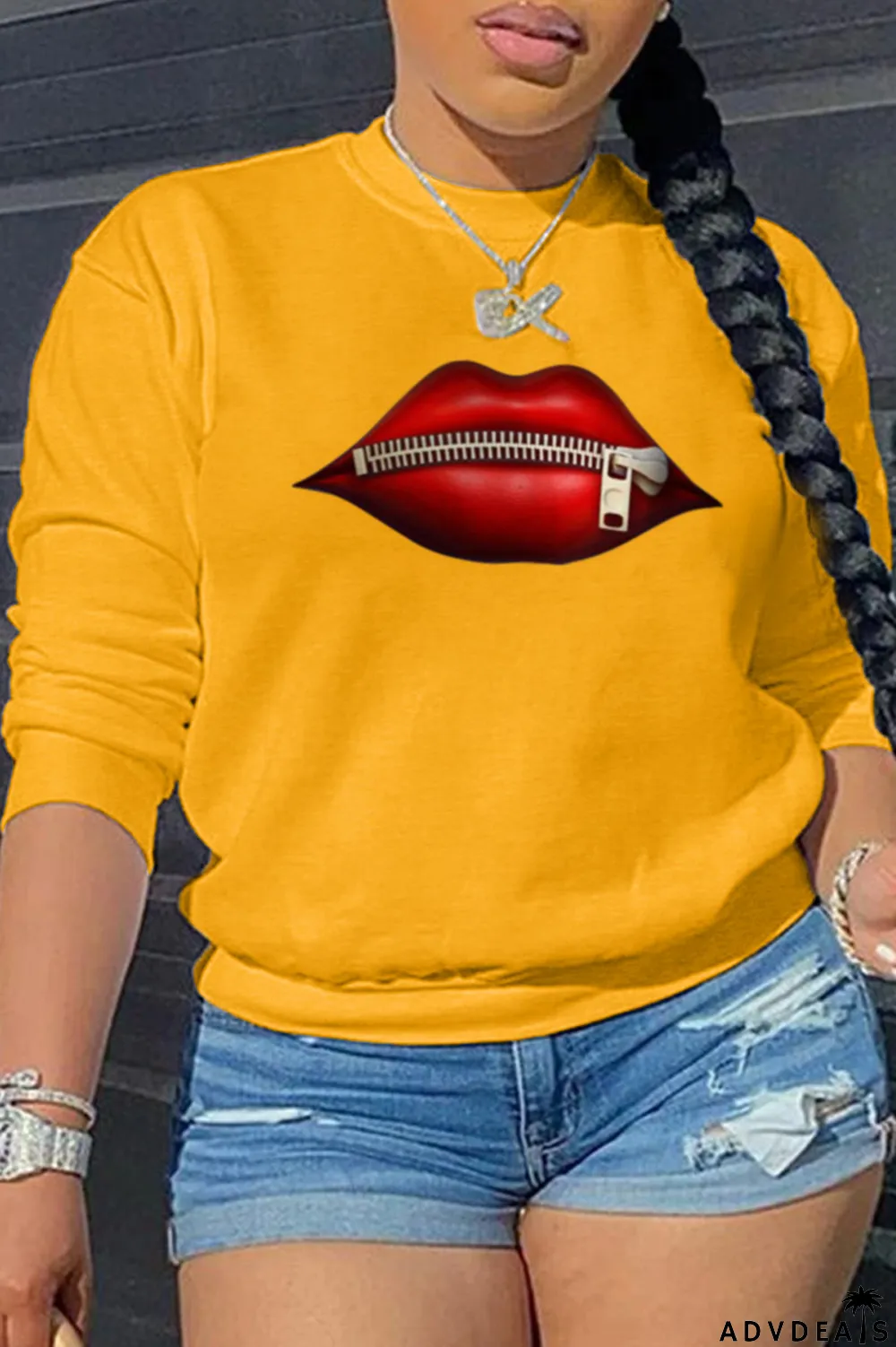 Yellow Fashion Sexy Lips Printed Split Joint O Neck Tops