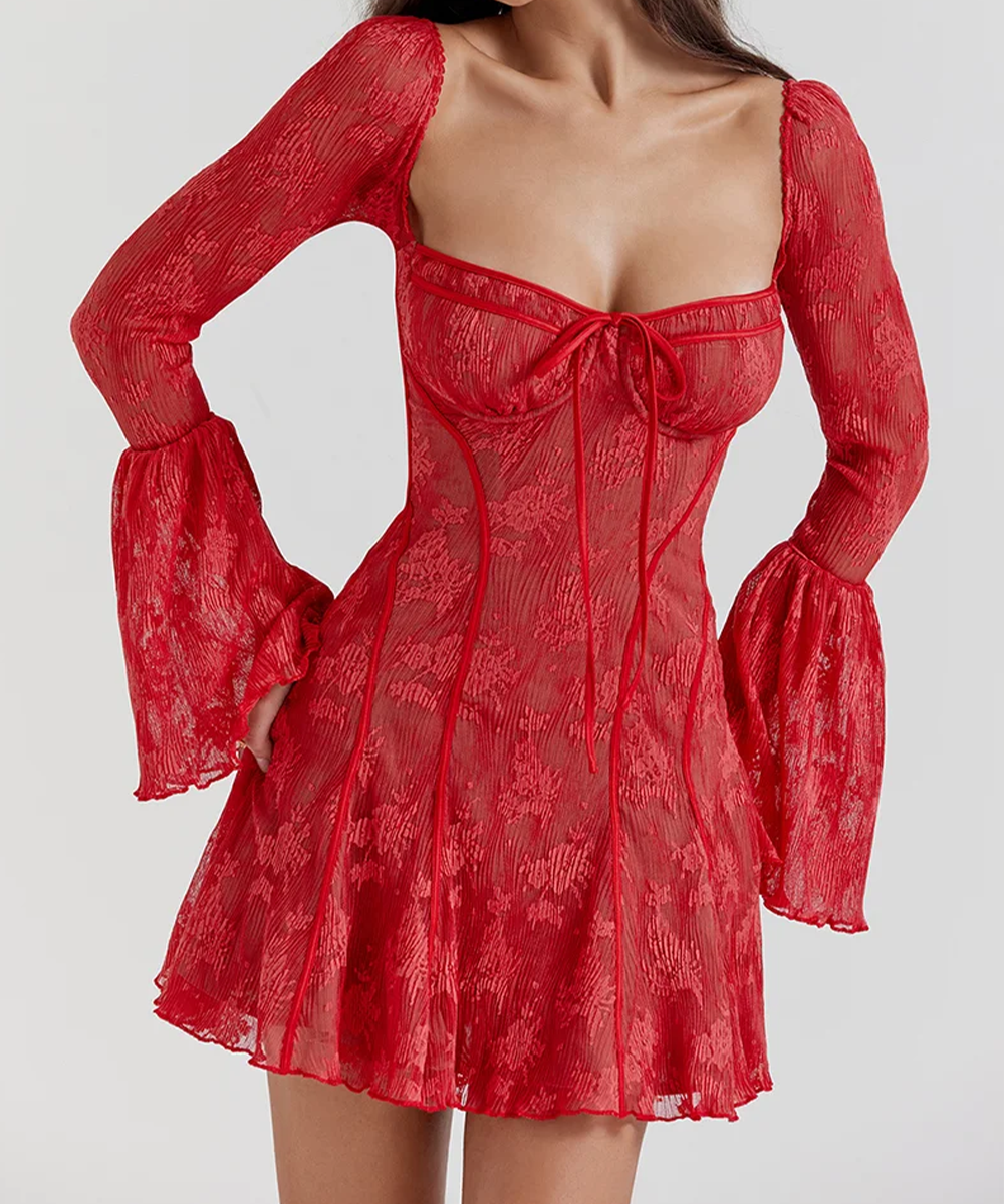 Lace Flared Sleeves A-Line Ruffled Vacation Mini Dresses