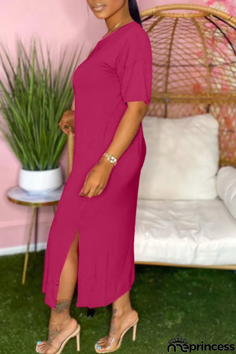 Rose pink Fashion Casual Blue Light Green Rose pink Sleeve Short Sleeves O neck Straight Ankle-Length Solid Dresses
